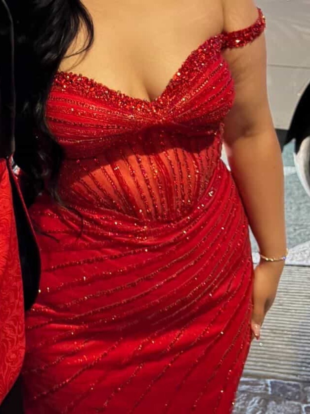 Glam Red Off-Shoulder Beaded Prom Dress